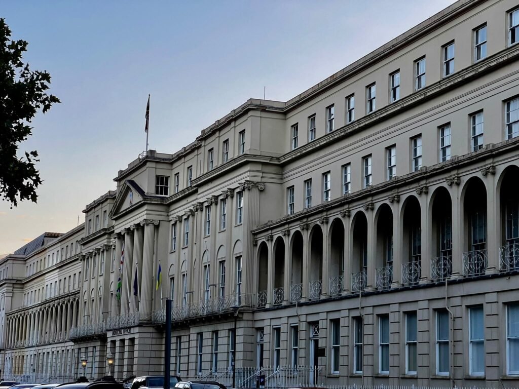 Long Regency frontage of Cheltenham Municipal Offices on the Promenade