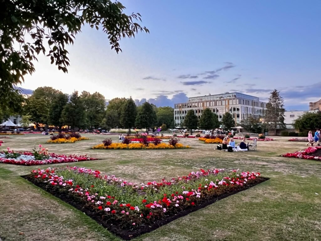 Colourful flower beds in Imperial Gardens, Cheltenham, during an evening visit