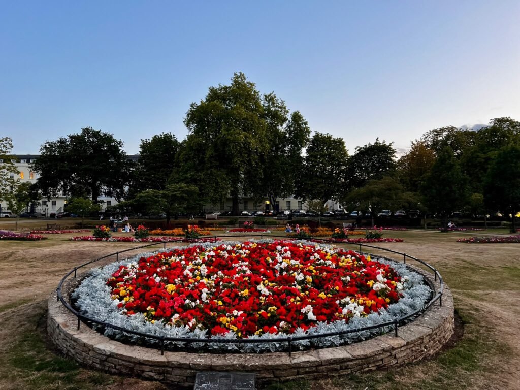 Circular colourful flower bed in Imperial Gardens, Cheltenham