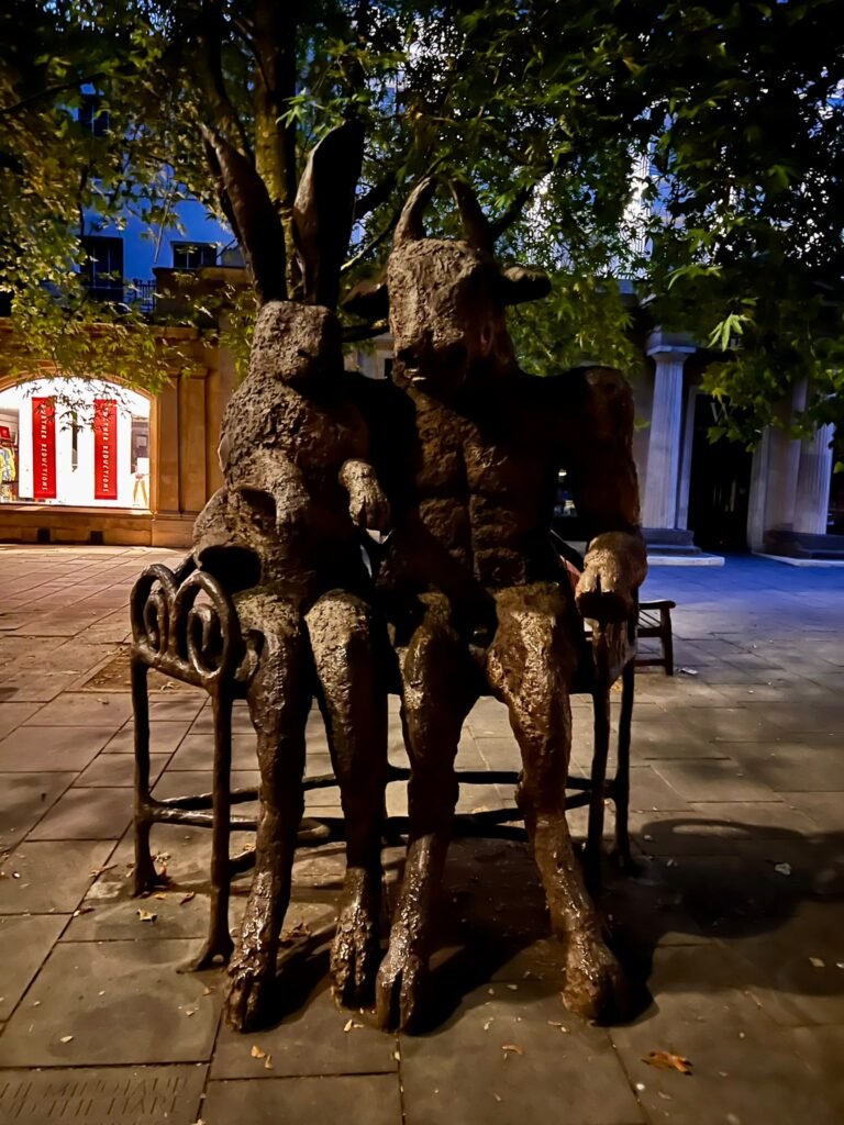 Sophie Ryder's Hare and Minotaur sculpture on the Promenade in Cheltenham
