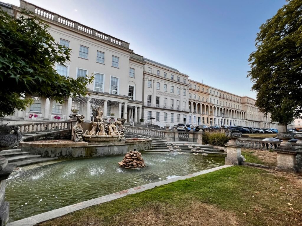Wide view of Neptune’s Fountain and the Promenade in Cheltenham
