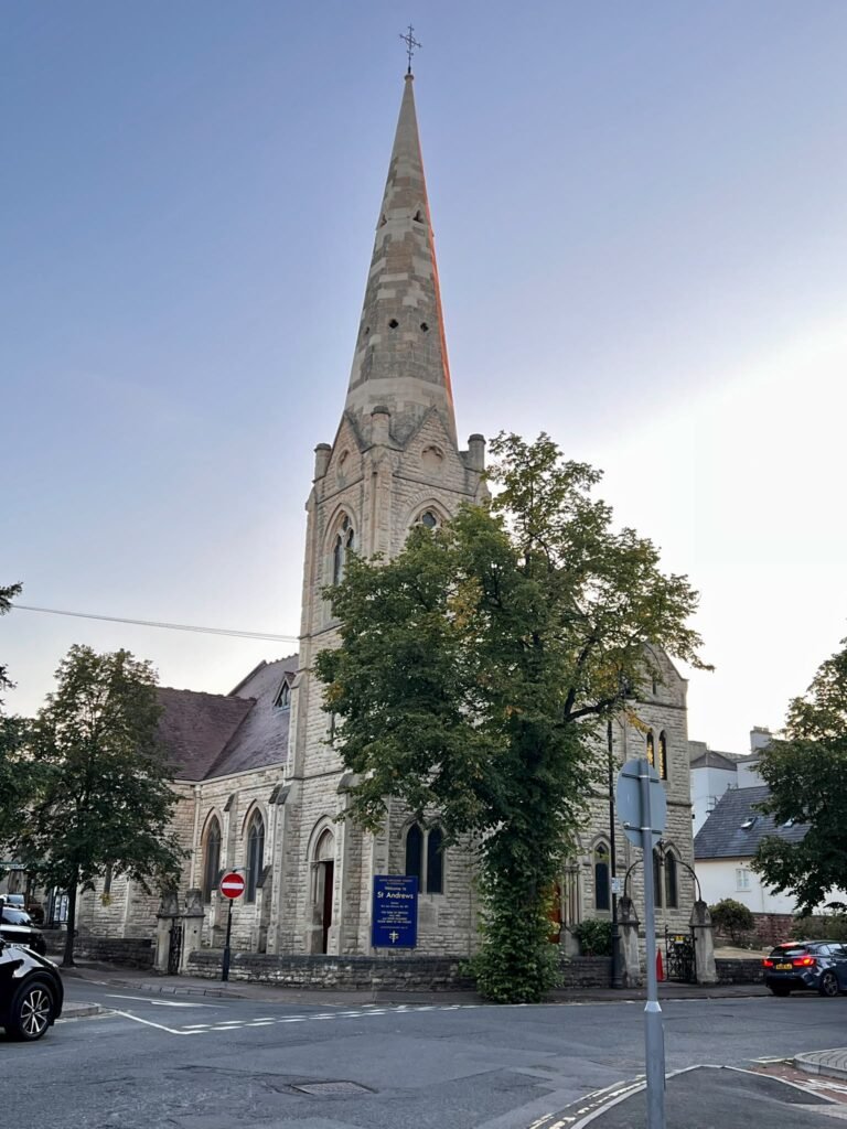 St Andrew’s United Reformed Church in Cheltenham with its tall stone spire