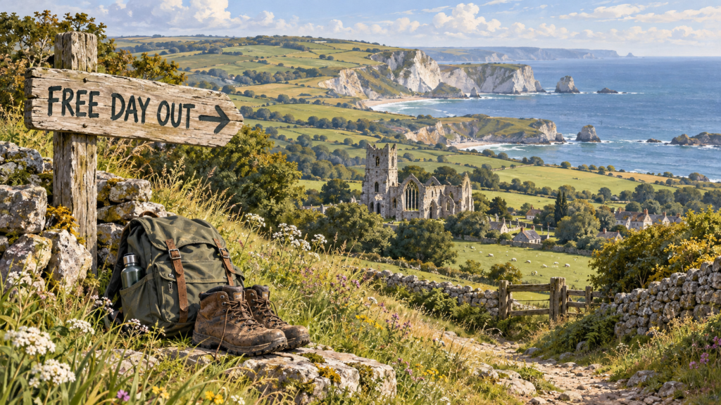 Editorial illustration of a free Dorset day out, with rolling countryside, church ruins, coastal cliffs and walking gear.