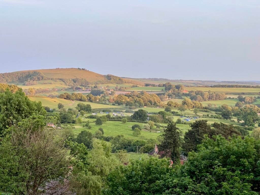 Dorset countryside viewed from the hillside at Shaftesbury near Gold Hill