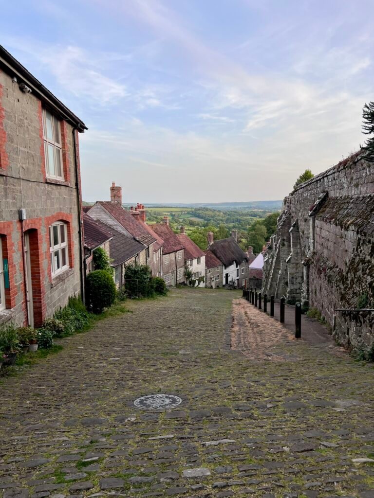 Gold Hill Shaftesbury with historic cottages and views across the Dorset countryside