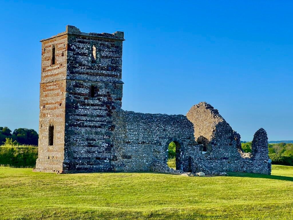 Ruins of Knowlton Church standing inside the prehistoric henge in Dorset