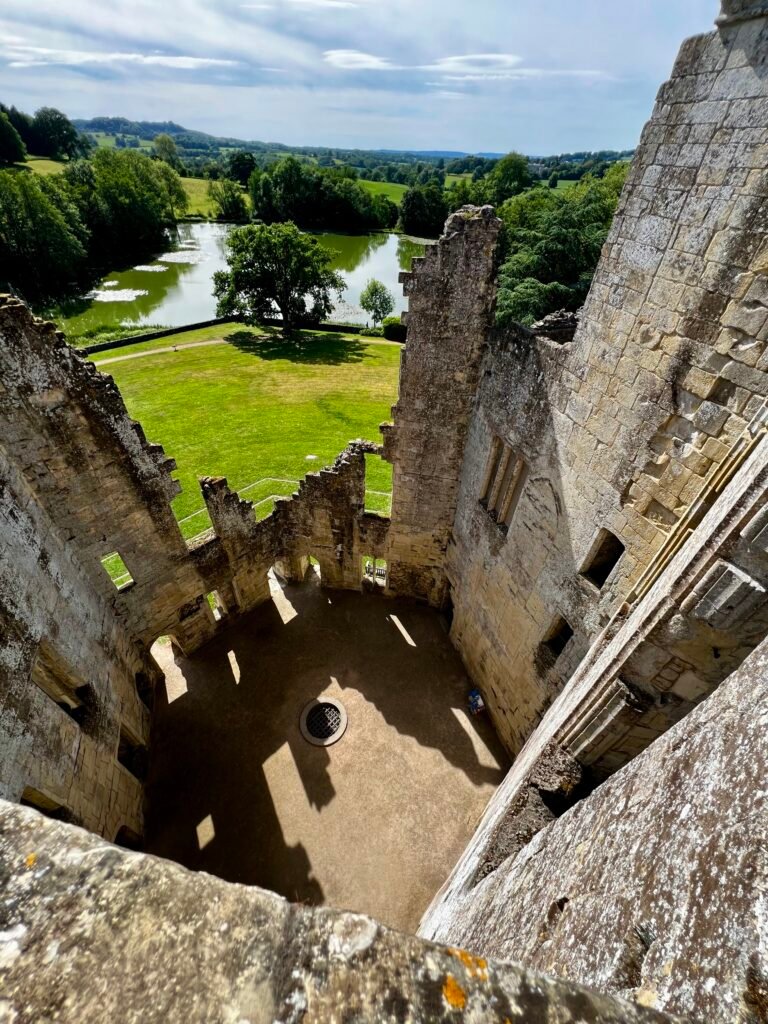 View through the ruins of Old Wardour Castle towards the lake