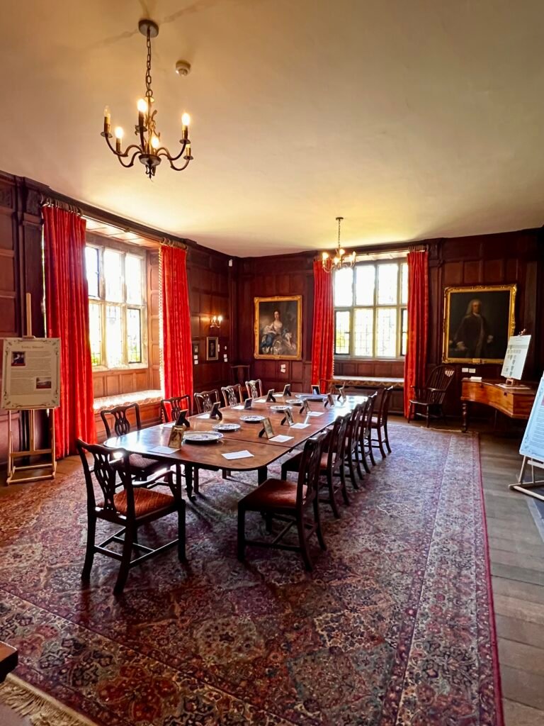 Historic wood-panelled room inside Chawton House in Hampshire