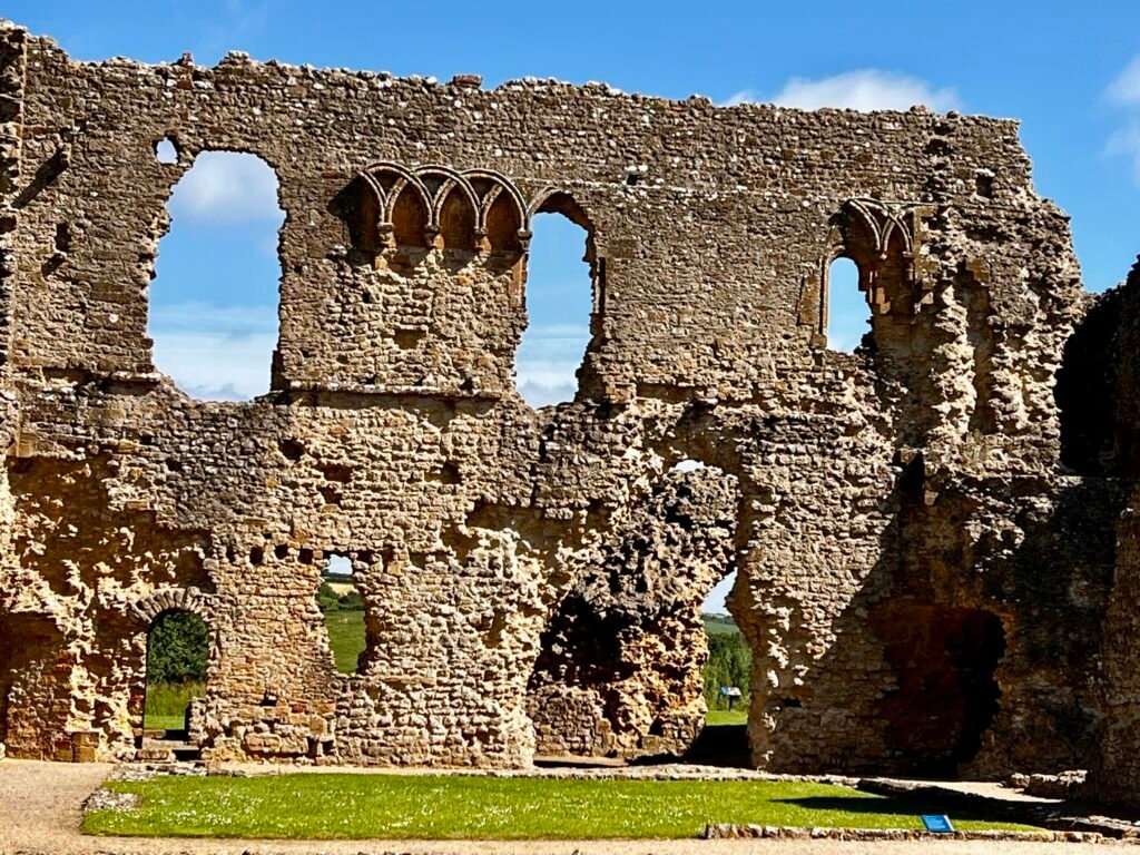 Ruined walls and medieval windows at Sherborne Old Castle in Dorset