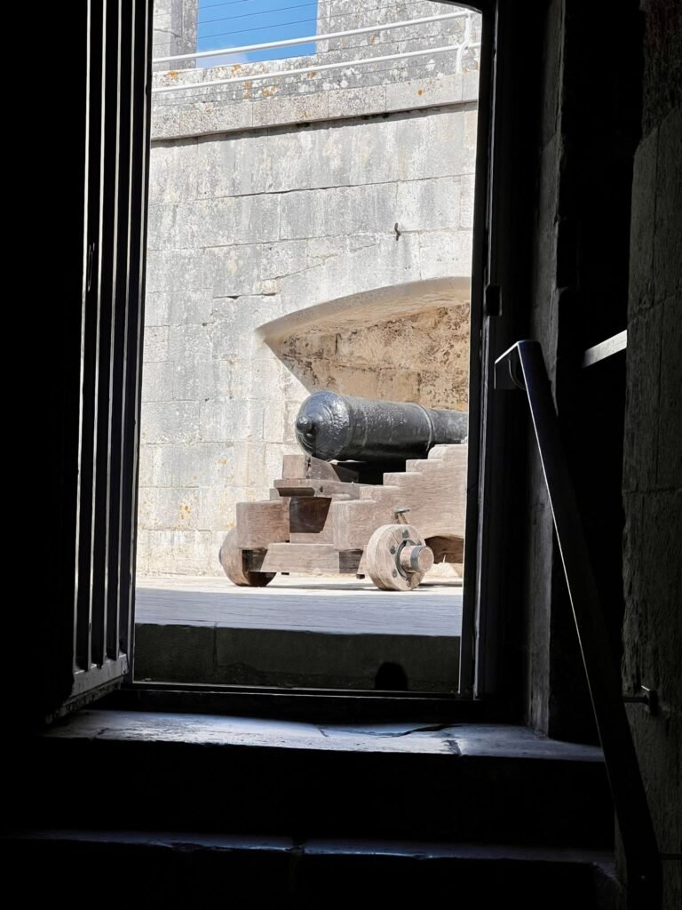 Historic cannon seen through a dark doorway inside Portland Castle