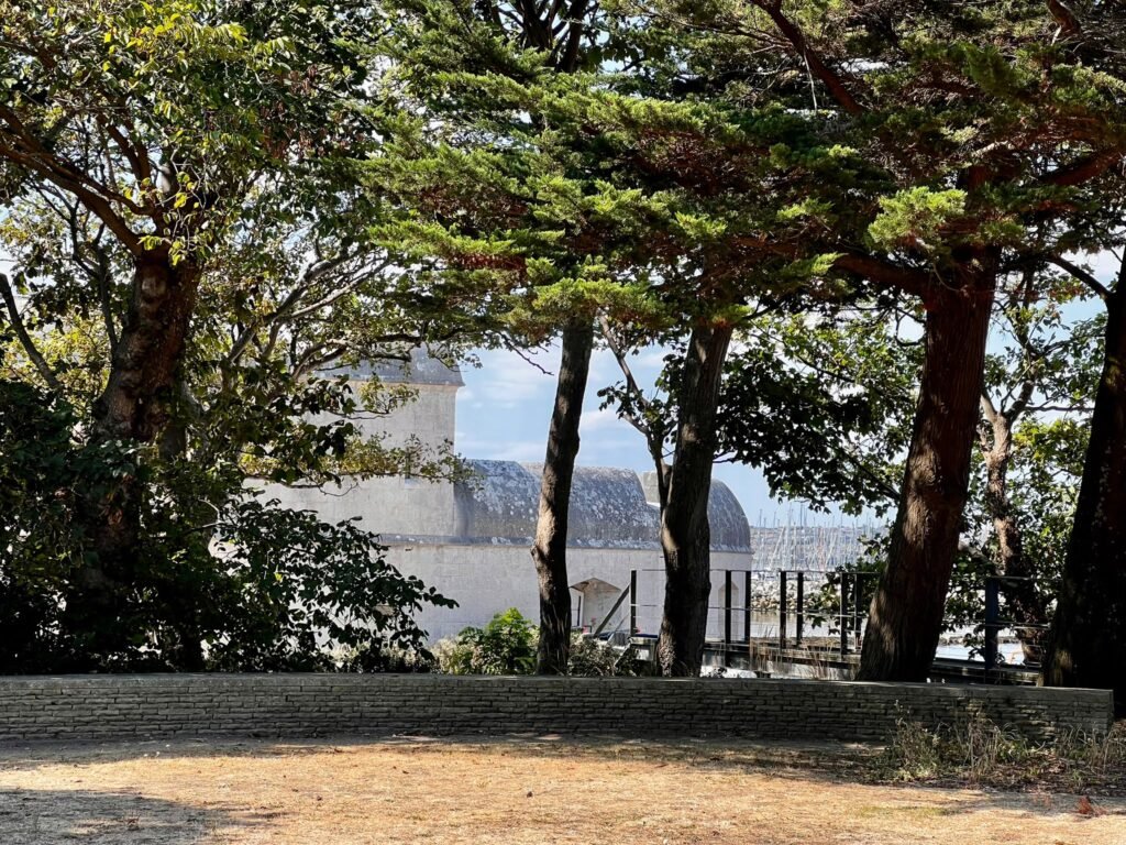 Portland Castle seen through trees in the sheltered garden