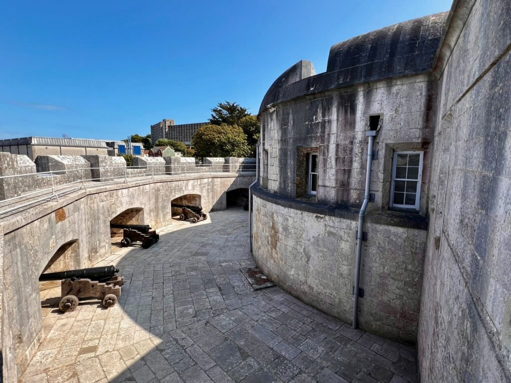 Curved stone gun battery and cannon courtyard at Portland Castle