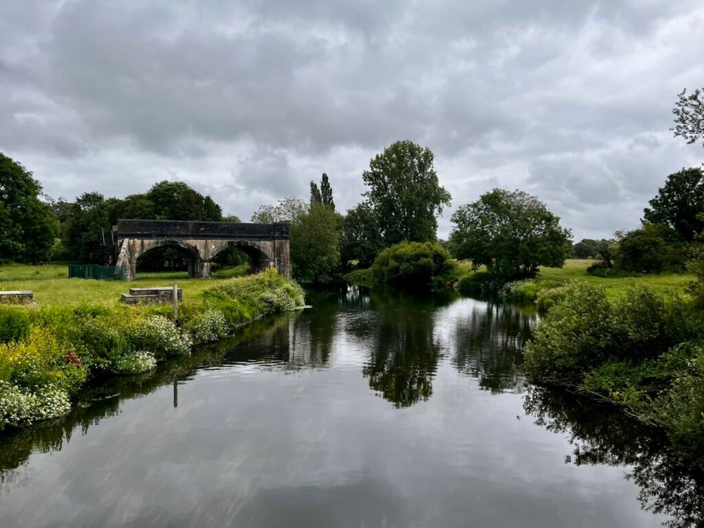 River Stour flowing through green countryside at Blandford Forum in Dorset