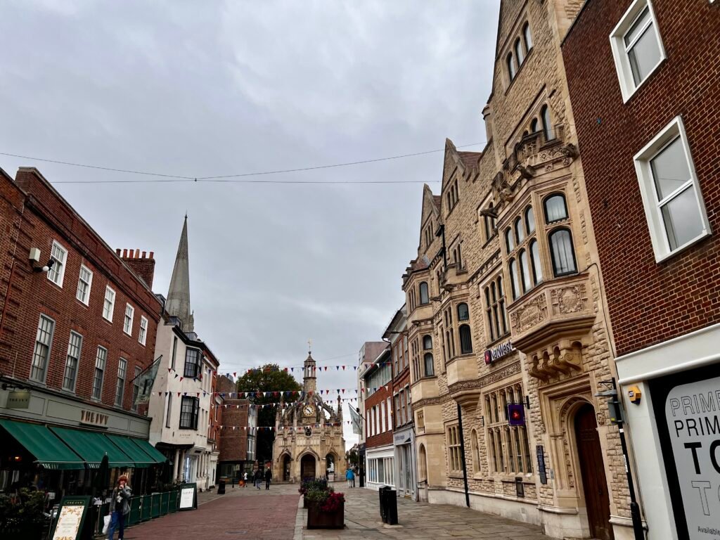 Chichester street with the Market Cross and Cathedral spire in the distance