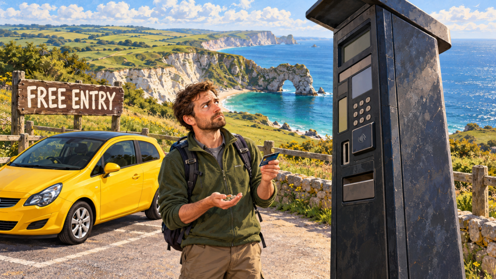 Illustration of a traveller facing an oversized parking machine beside a yellow Corsa on the Dorset coast.