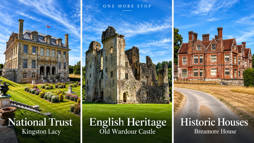 National Trust vs English Heritage vs Historic Houses collage showing Kingston Lacy, Old Wardour Castle and Breamore House