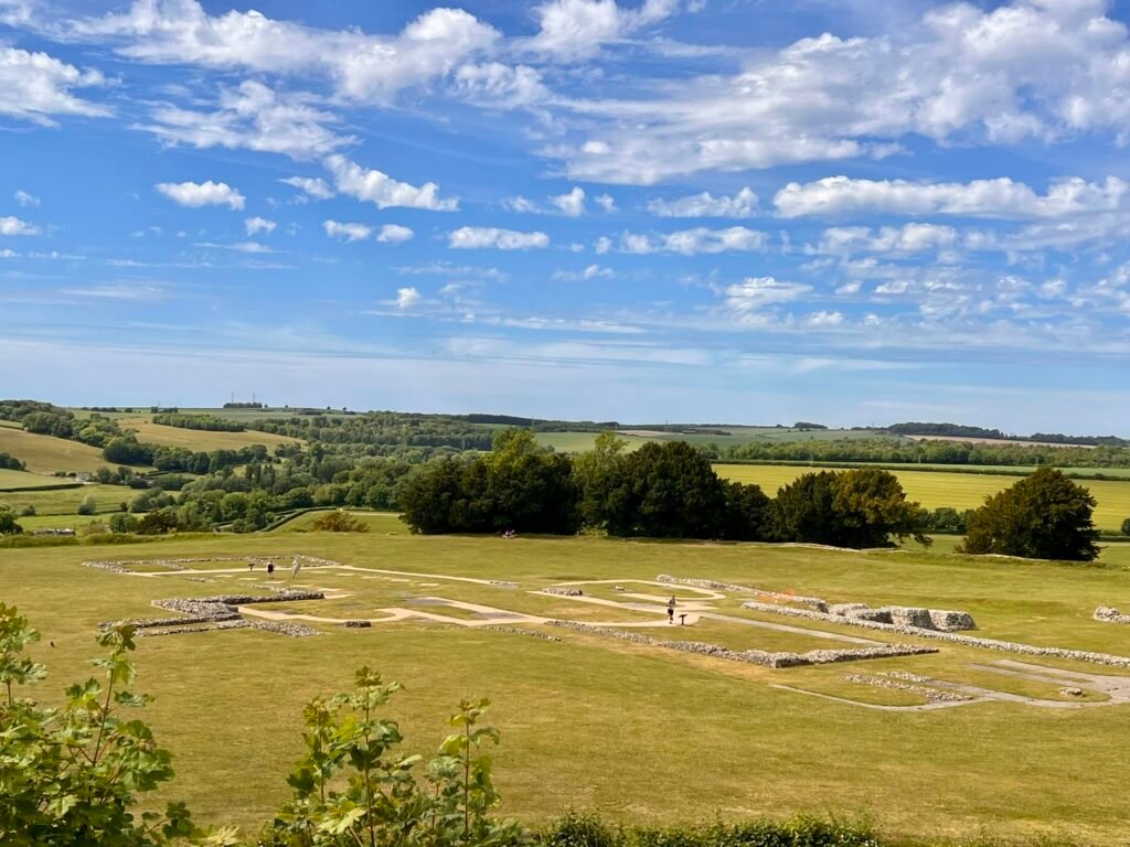 Foundations of the medieval cathedral at Old Sarum overlooking the Wiltshire countryside