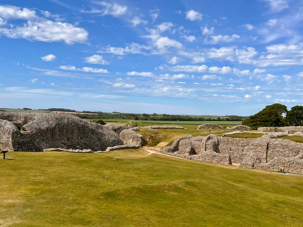 Wide view across Old Sarum castle ruins and earthworks near Salisbury