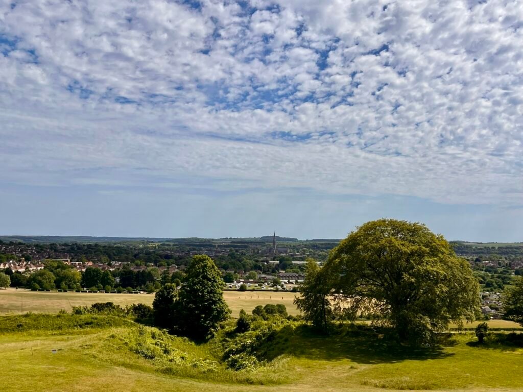 View from Old Sarum towards Salisbury and Salisbury Cathedral in Wiltshire
