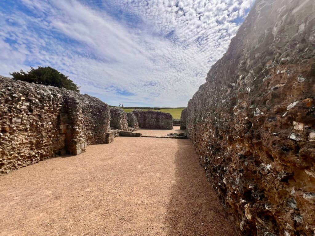 Stone walls inside the Norman castle ruins at Old Sarum near Salisbury
