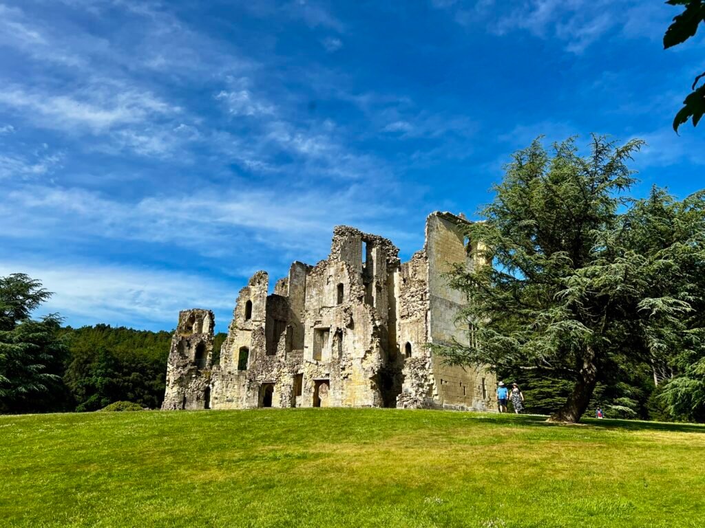 Old Wardour Castle ruins across the lawn in Wiltshire