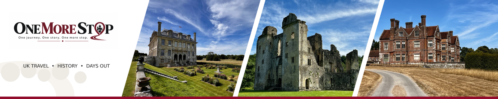 One More Stop UK travel blog banner featuring Kingston Lacy, Old Wardour Castle and Breamore House