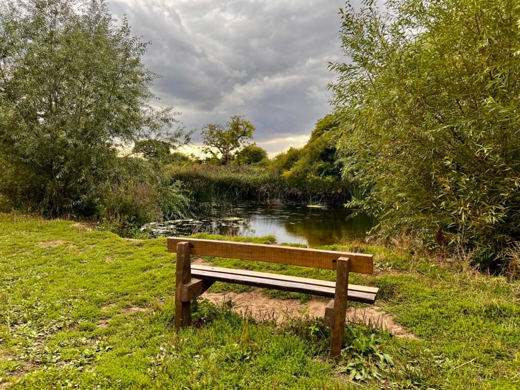 Wooden bench beside the River Stour at Stour Valley Nature Reserve in Bournemouth