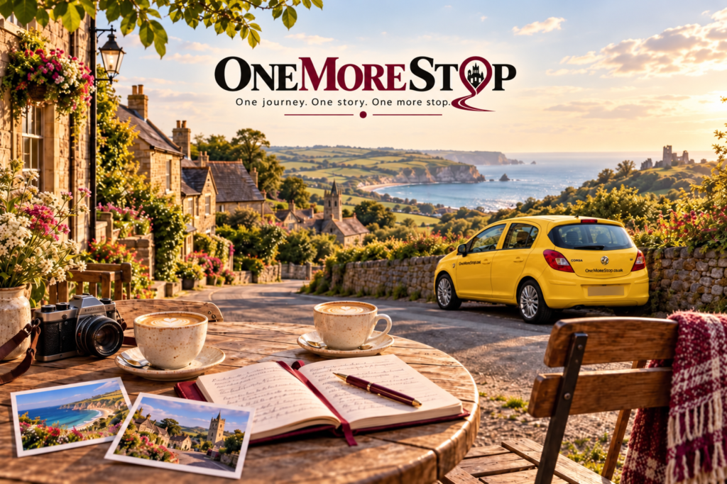 One More Stop illustration featuring BeeFree, coffee, a camera and a coastal village.