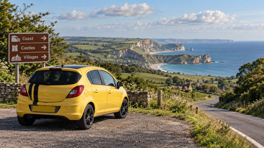 Yellow Vauxhall Corsa on one of the scenic day trips from Bournemouth by car