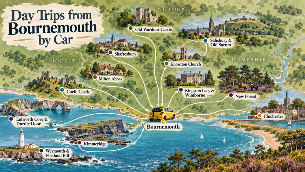Illustrated map of day trips from Bournemouth by car across Dorset, Hampshire and Wiltshire
