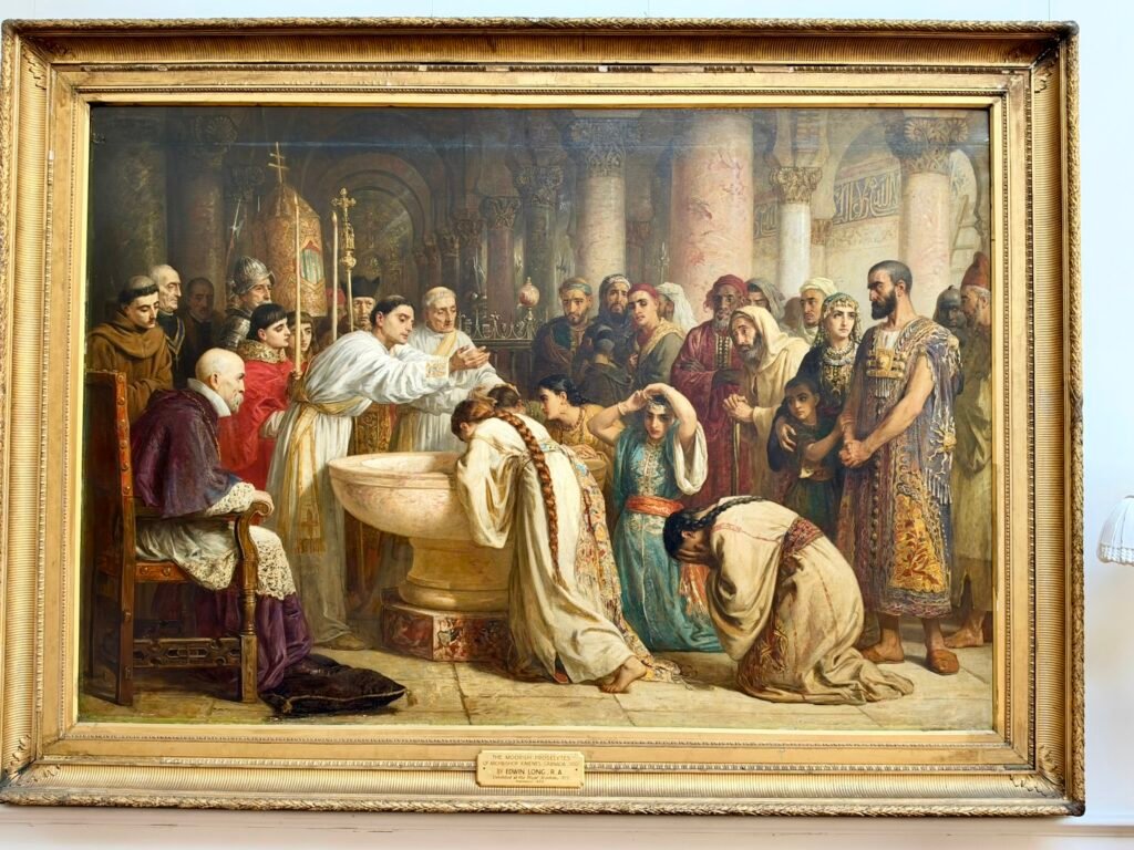 The Moorish Proselytes painting by Edwin Long showing a forced baptism in Granada at Russell-Cotes