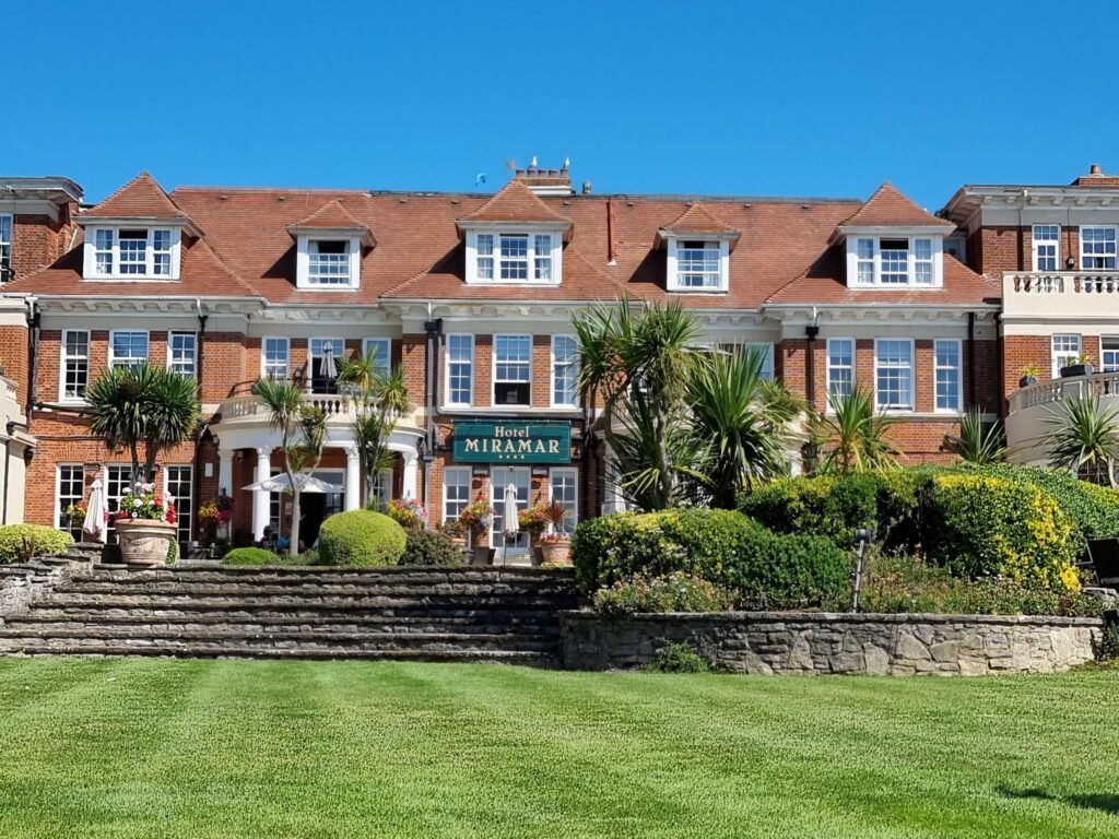 Hotel Miramar Bournemouth overlooking its landscaped gardens and flowerbeds.