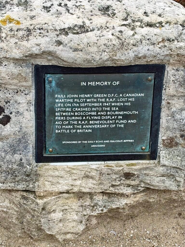 Memorial plaque to RAF Spitfire pilot John Henry Green, who died off Bournemouth in 1947
