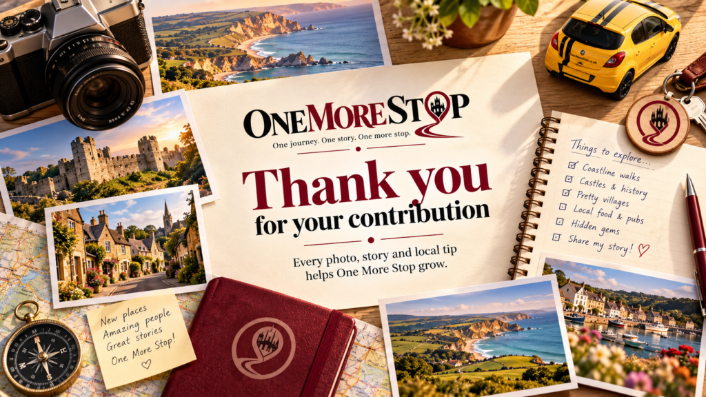 One More Stop thank-you card surrounded by travel photographs, a camera, map, journal and miniature BeeFree car.