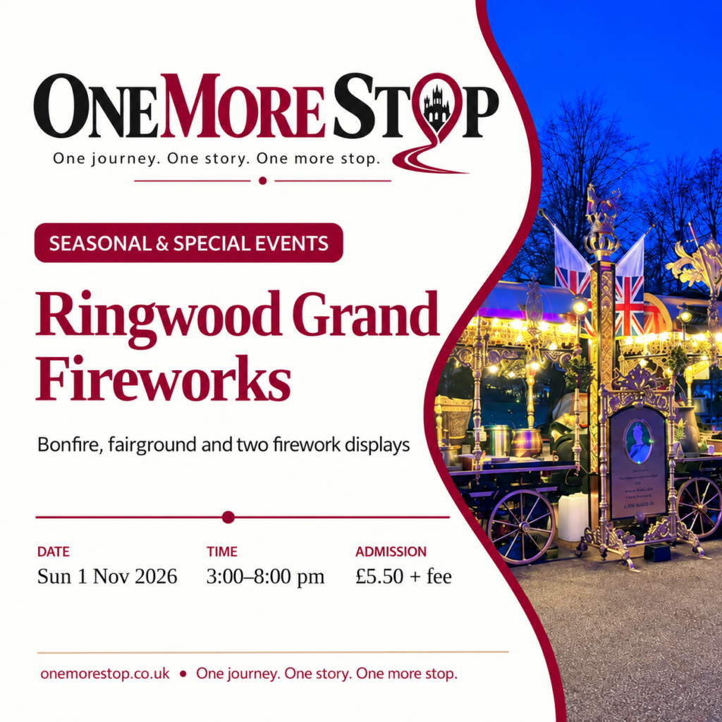 One More Stop event card for Ringwood Grand Fireworks 2026, 1 November, Ringwood, Hampshire.