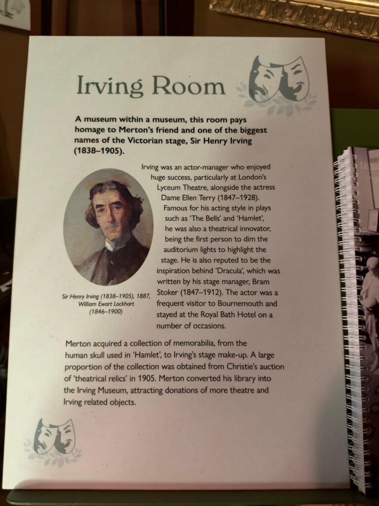 Museum information panel about Victorian actor Sir Henry Irving and his friendship with Merton Russell-Cotes