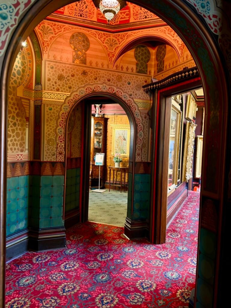 Colourfully painted Moorish arches and geometric decoration in the Russell-Cotes Museum, Bournemouth