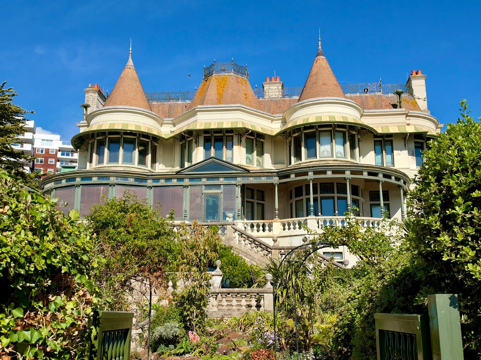 Turreted Victorian exterior of Russell-Cotes Art Gallery and Museum in Bournemouth, Dorset