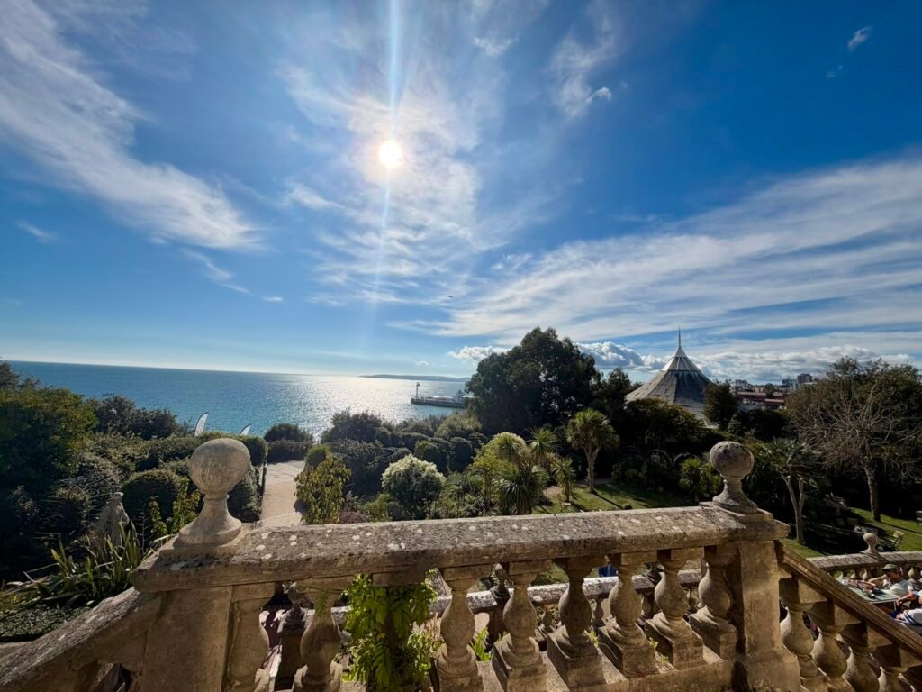 View over the Russell-Cotes stone balustrade towards Bournemouth Pier and the sea