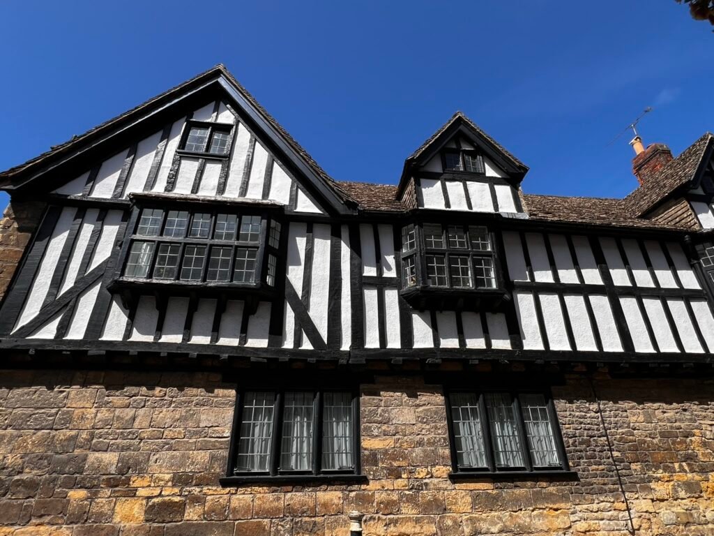 Historic black and white timber-framed building in Sherborne Dorset