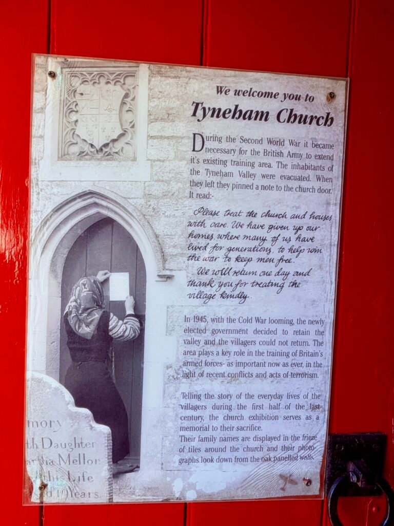 Church display reproducing the farewell note left by Tyneham villagers during the 1943 evacuation