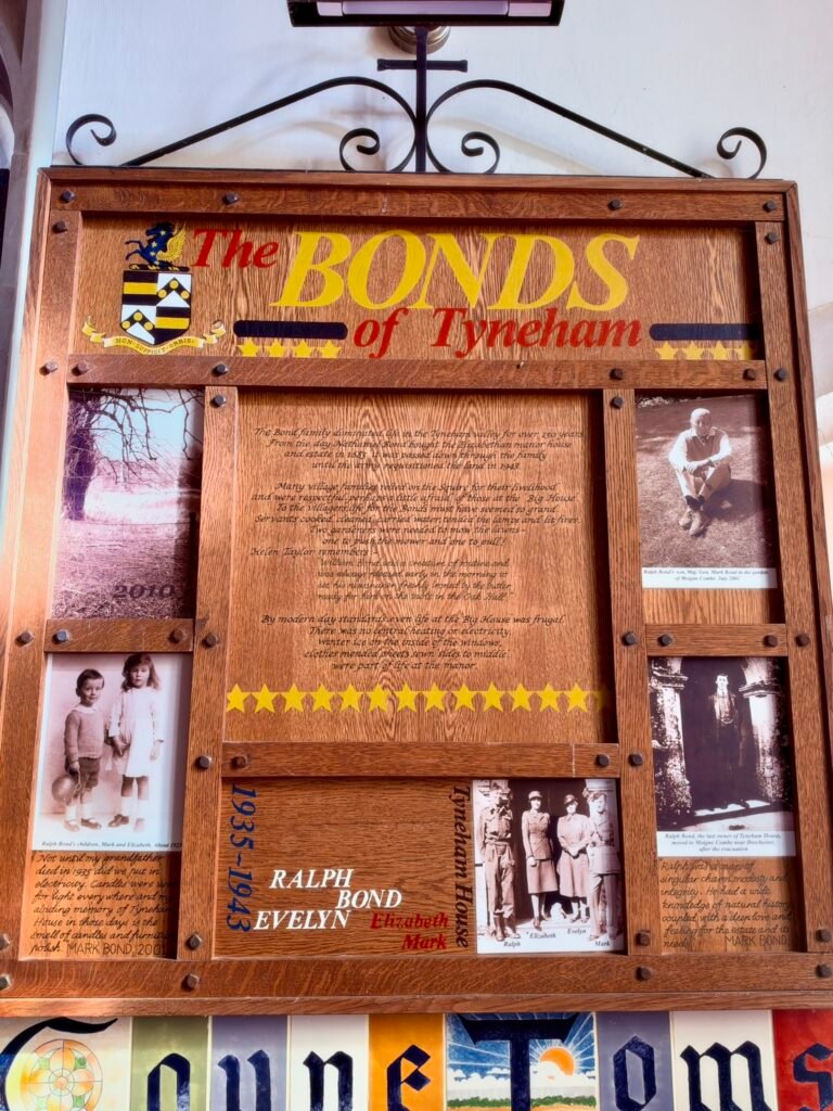 Wooden exhibition board about the Bond family of Tyneham House, with historical photographs