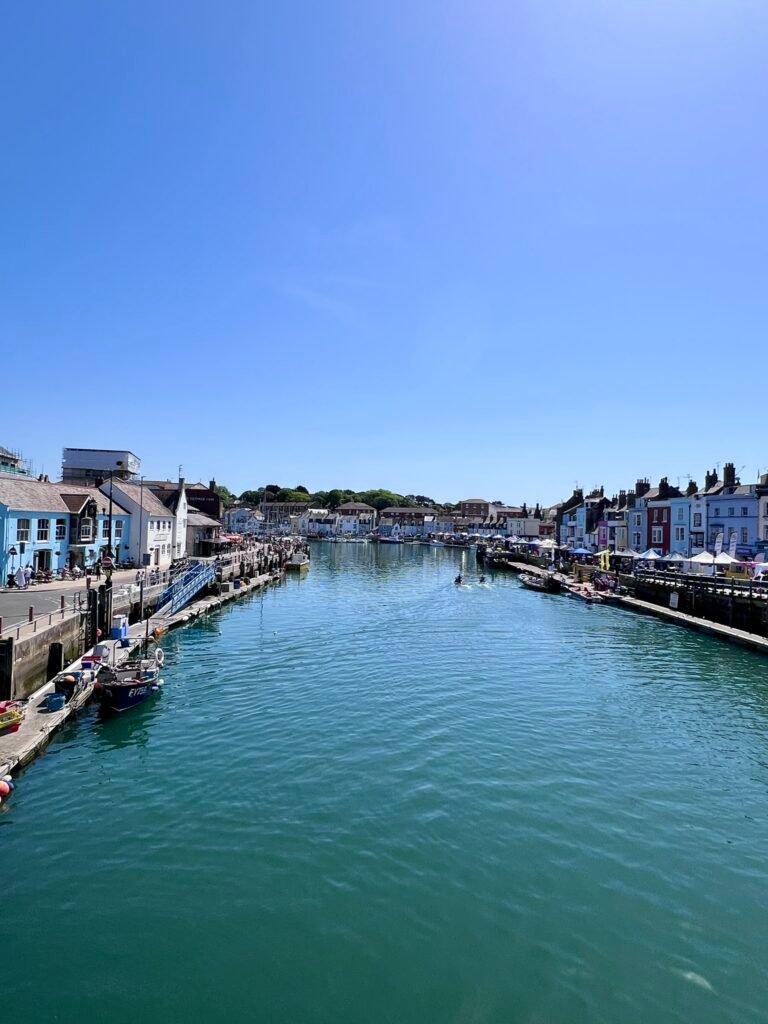 Weymouth Dorset harbour viewed from Town Bridge with colourful waterfront buildings